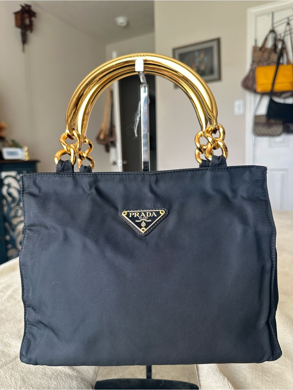 Prada Nylon Tote with Golden Metal Top Handle